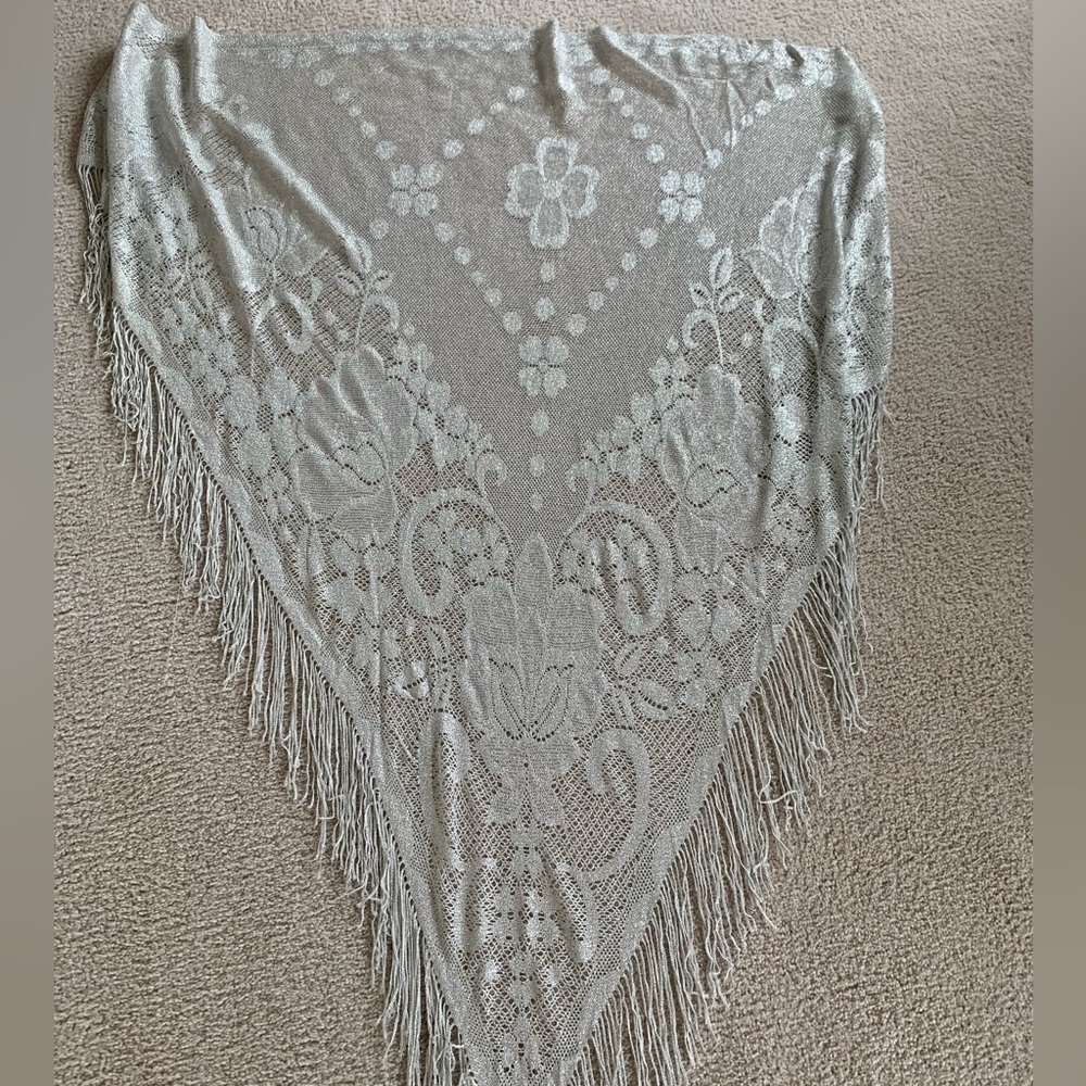 Metallic Silver Triangular Fringed Shawl